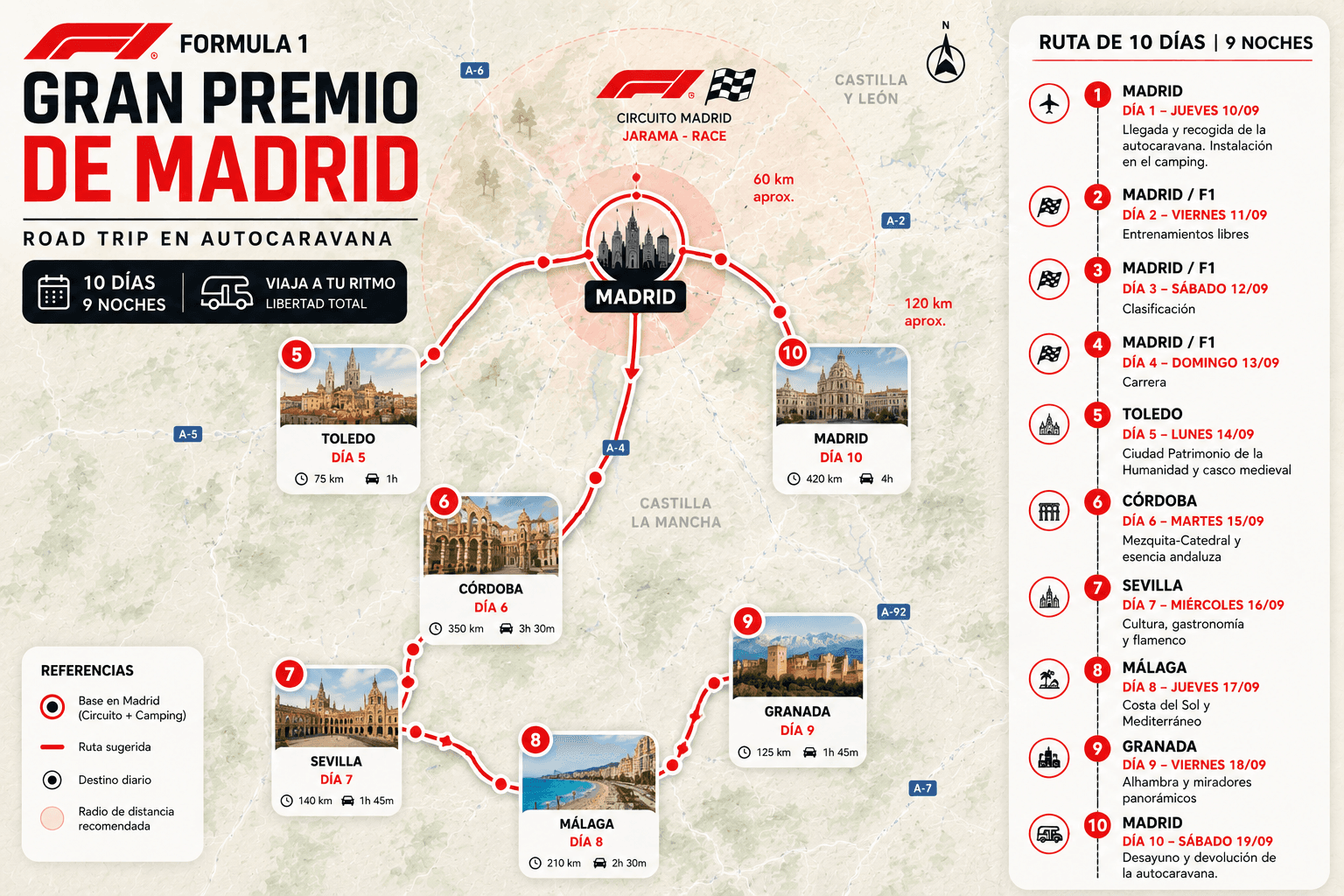 F1 MADRID CAMPER EXPERIENCE 10 DÍAS - Mapa del road trip